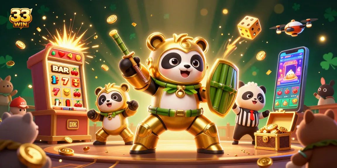 Experience thrilling gameplay with 33WIN as a golden panda battles in an exciting 3D casino arena.