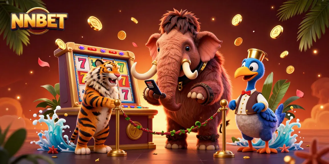 Experience the vibrant world of NNBET with dynamic casino characters and slot game elements.