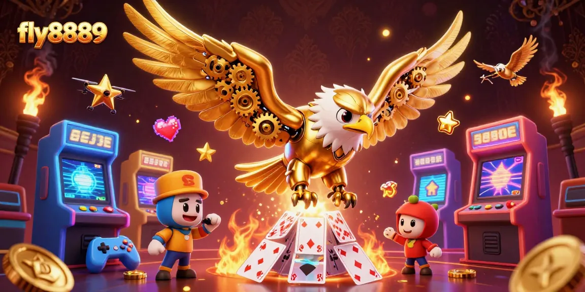 Experience the thrill of fly8889 with an energetic golden eagle diving through colorful holographic cards in a vibrant casino scene.