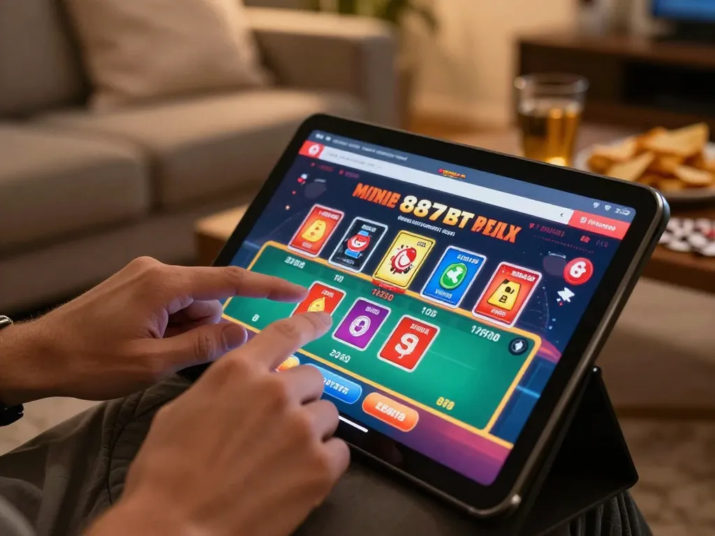 Jogador aproveitando o jogo online da 887bet em um tablet, em meio a uma atmosfera aconchegante em casa, refletindo a vibrante atmosfera de cassino.