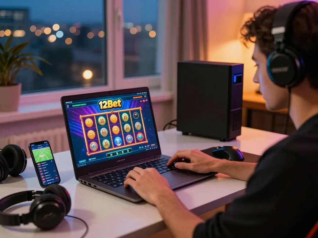 Exciting online gaming experience with the 12Bet app on a laptop in a vibrant home office.