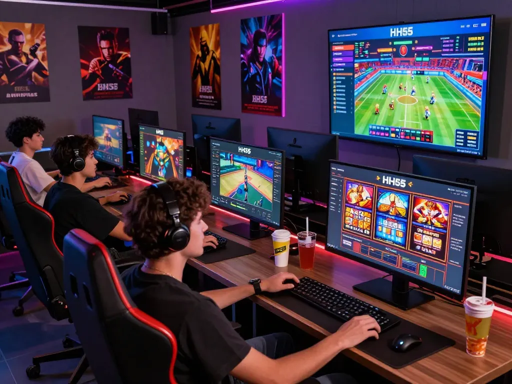 Online gaming enthusiasts enjoying HH55's vibrant interface with slots and sports betting.
