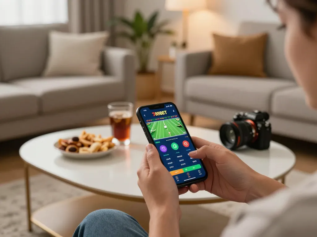 Engaging with the 789BET app while enjoying a cozy home gambling setup.
