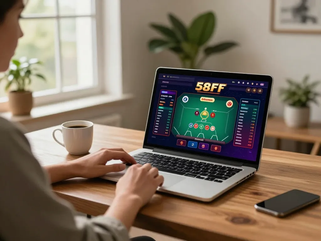 Engaging with 58FF online casino from a cozy home setup featuring poker game interface.