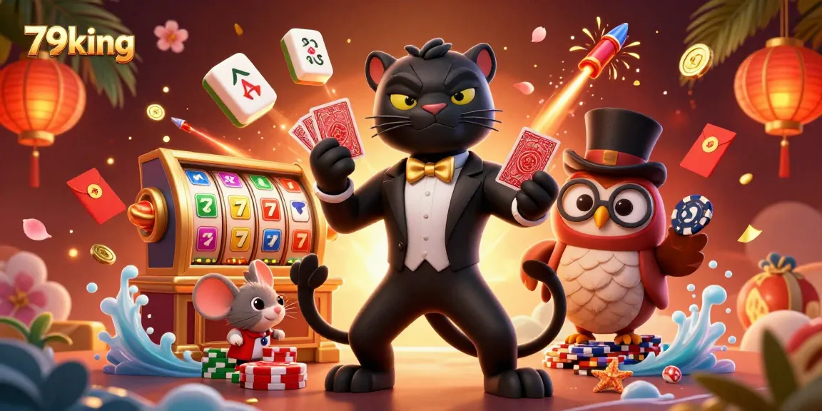 Engage with 79king's vibrant slot action featuring stylish characters and casino elements.