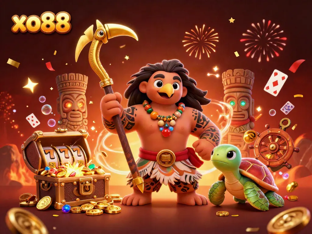 Experience excitement at xo88 with an energetic scene featuring iconic casino elements and vibrant characters.