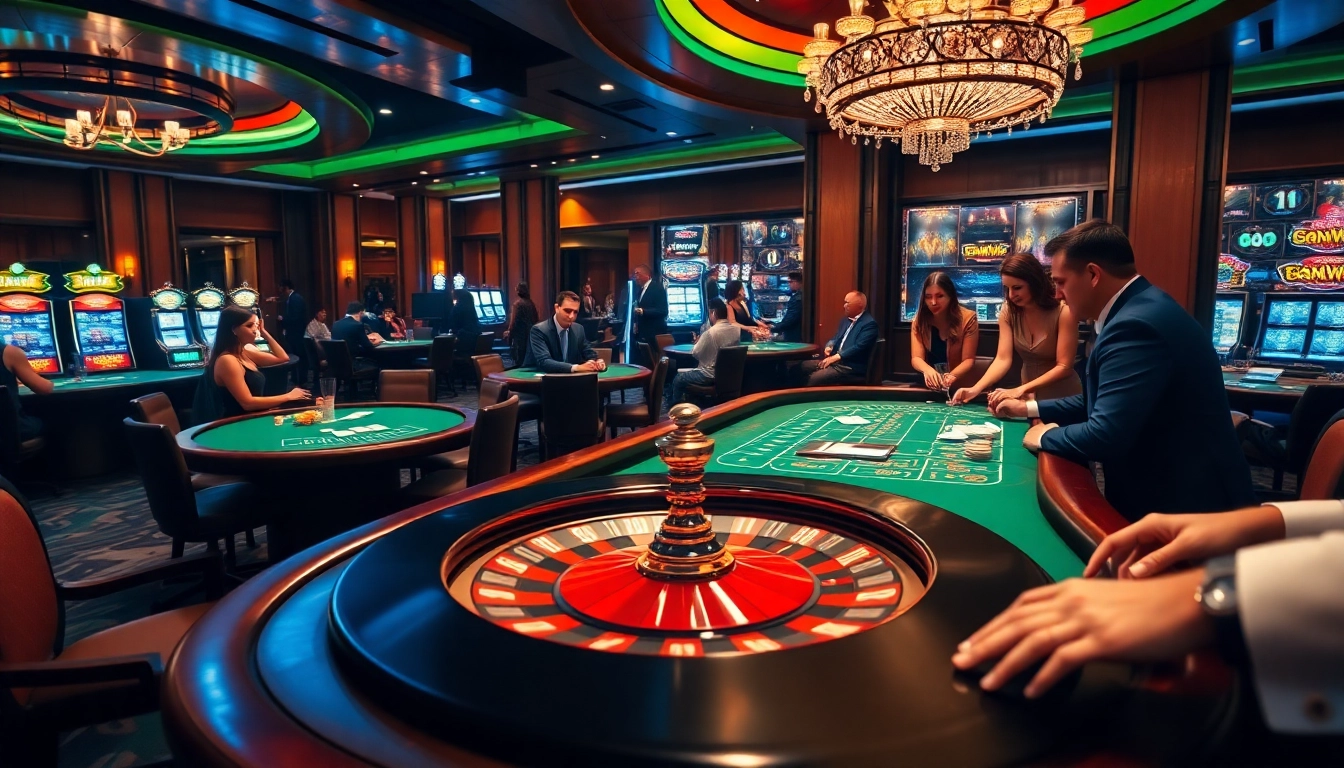 Experience exciting gameplay at a luxurious casino featuring bomwin themes with elegant tables and vibrant atmosphere.
