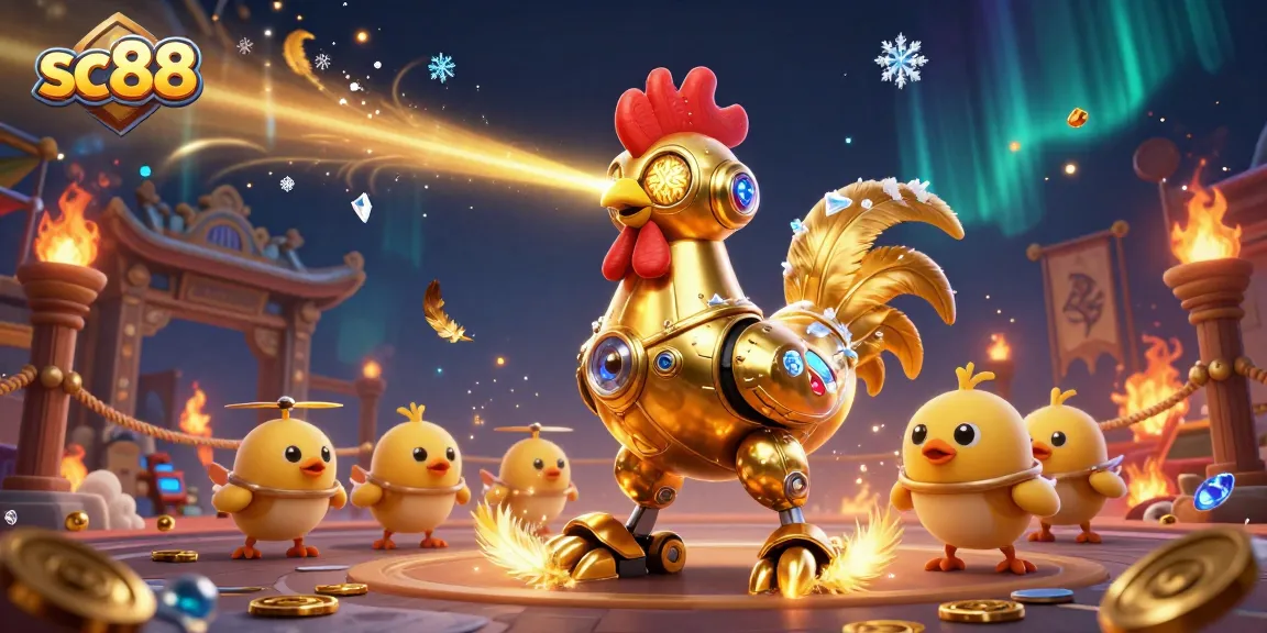 Engage with the thrilling atmosphere of sc88 as the golden rooster robot lasers golden patterns, captivating gamers.