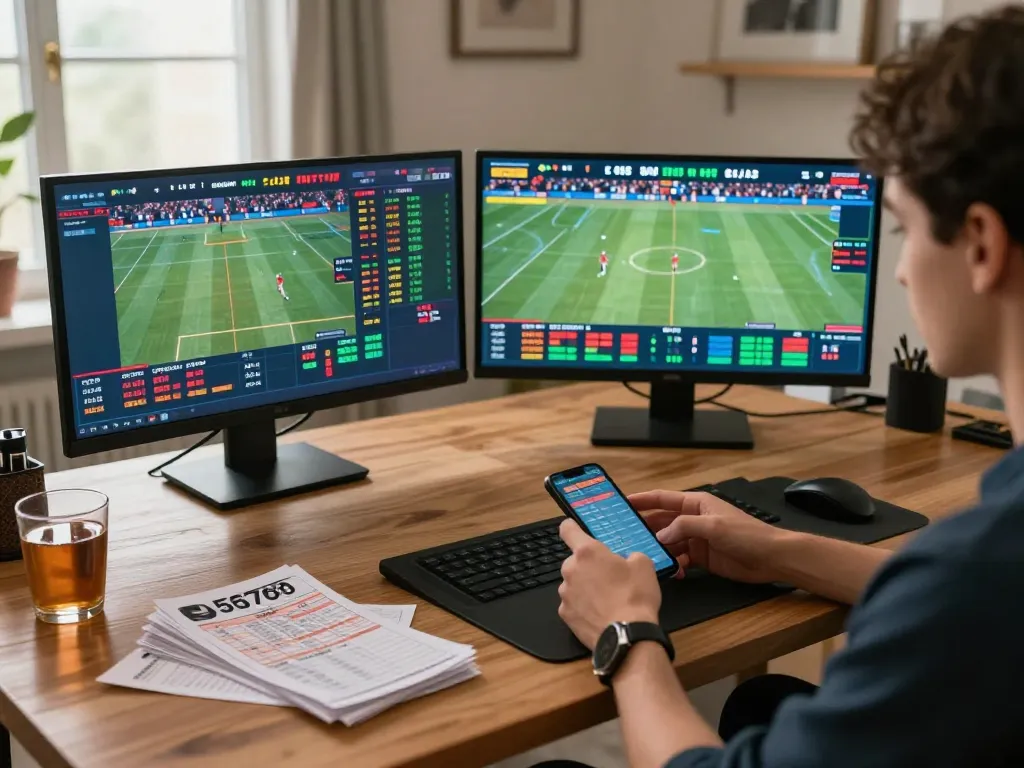 Engaging person placing live bets on sports events at 45678 com while comfortably at home