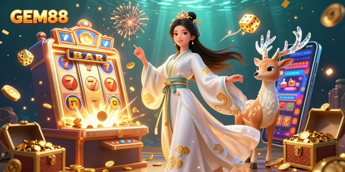 Experience the thrill of GEM88 with a dynamic 3D casino illustration showcasing a jackpot explosion and vibrant gaming elements.