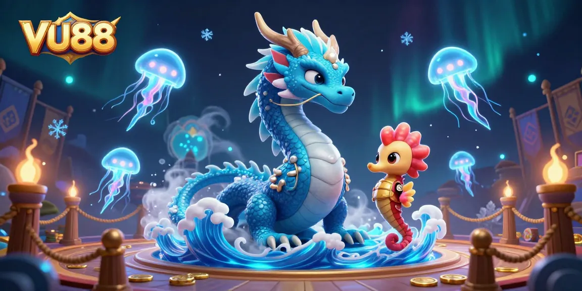 Interact with VU88's vibrant 3D casino scene, featuring majestic dragon and magical jellyfish.