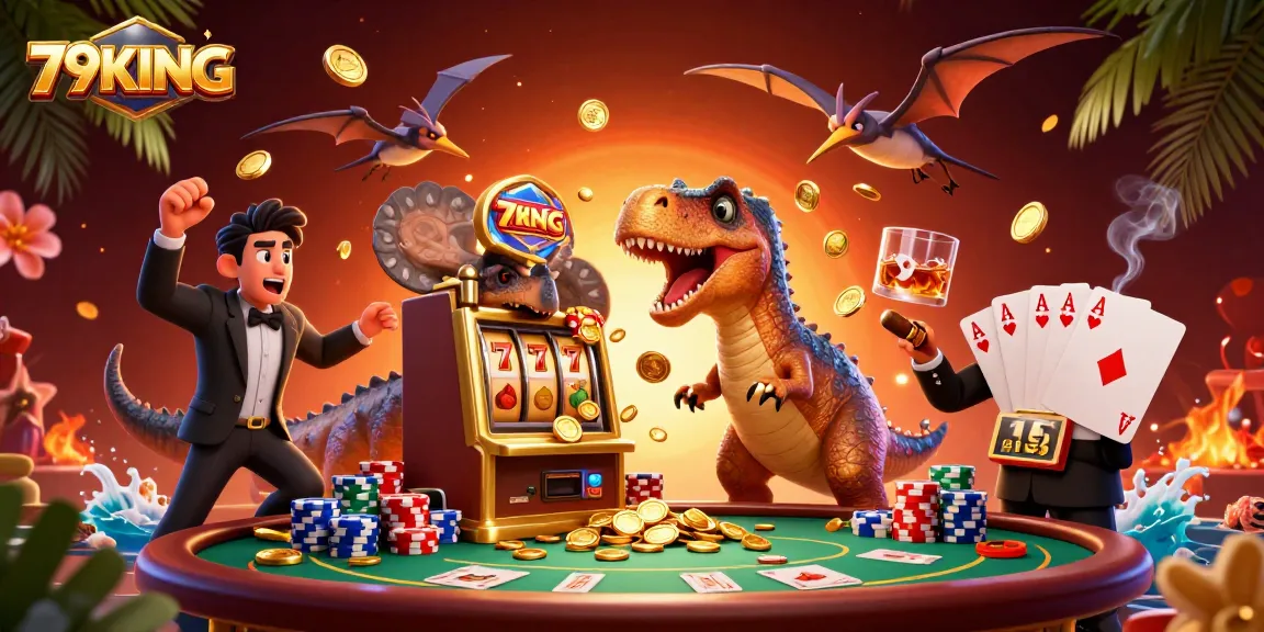 Experience thrilling moments with 79KING as a pachycephalosaurus wins at slots, surrounded by coins and poker elements.