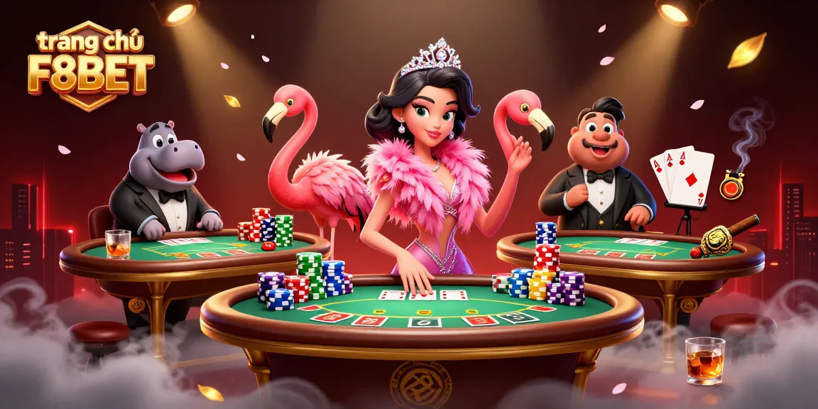 Experience the vibrant energy of trang chủ F8BET with a lively casino illustration featuring a flamingo singer and hippo bassist.