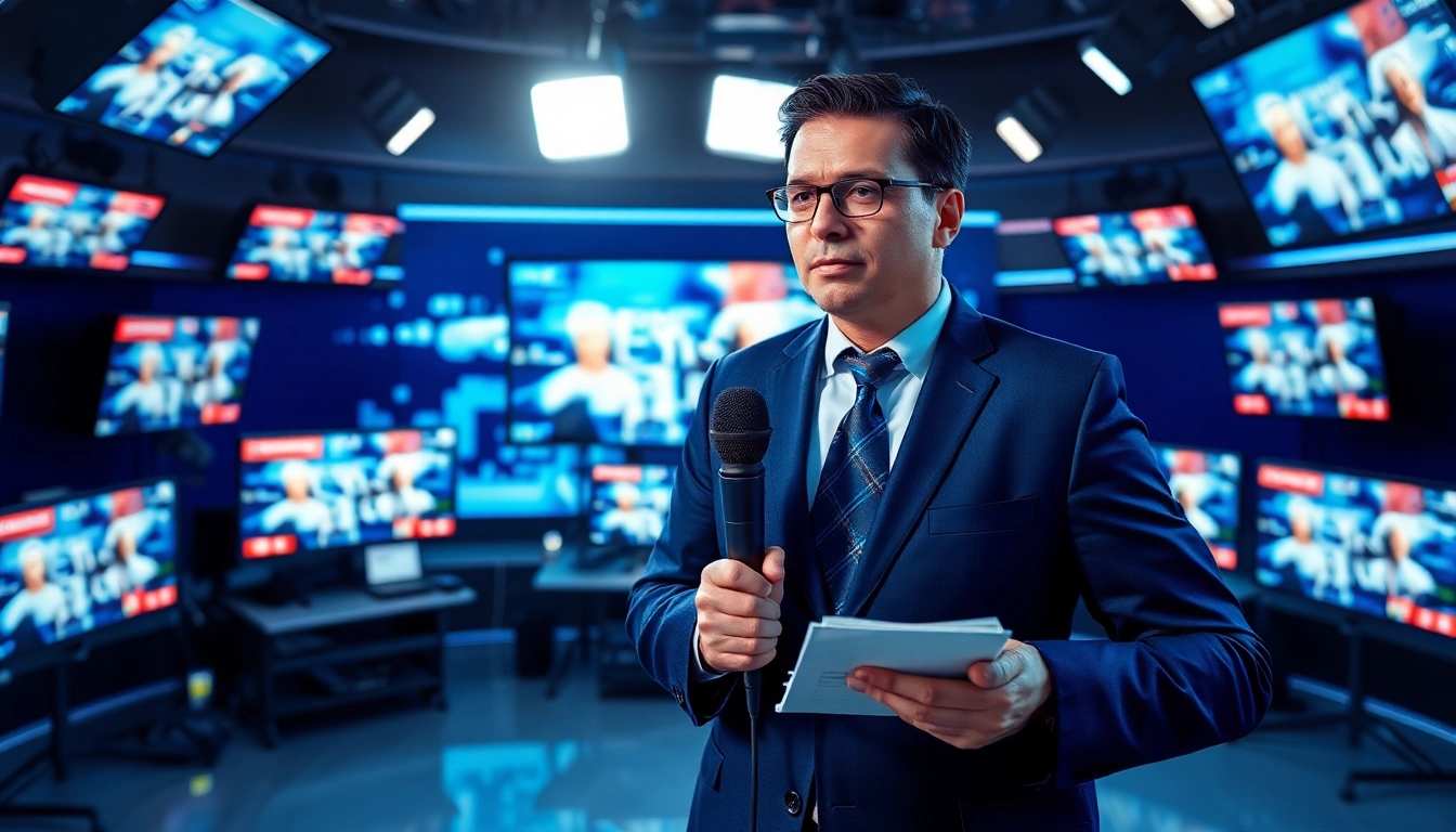 Cover news updates with a professional reporter in a vivid newsroom environment.