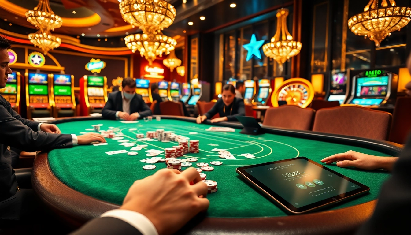 Tải sunwin with excitement at a luxury casino table full of poker chips and players.