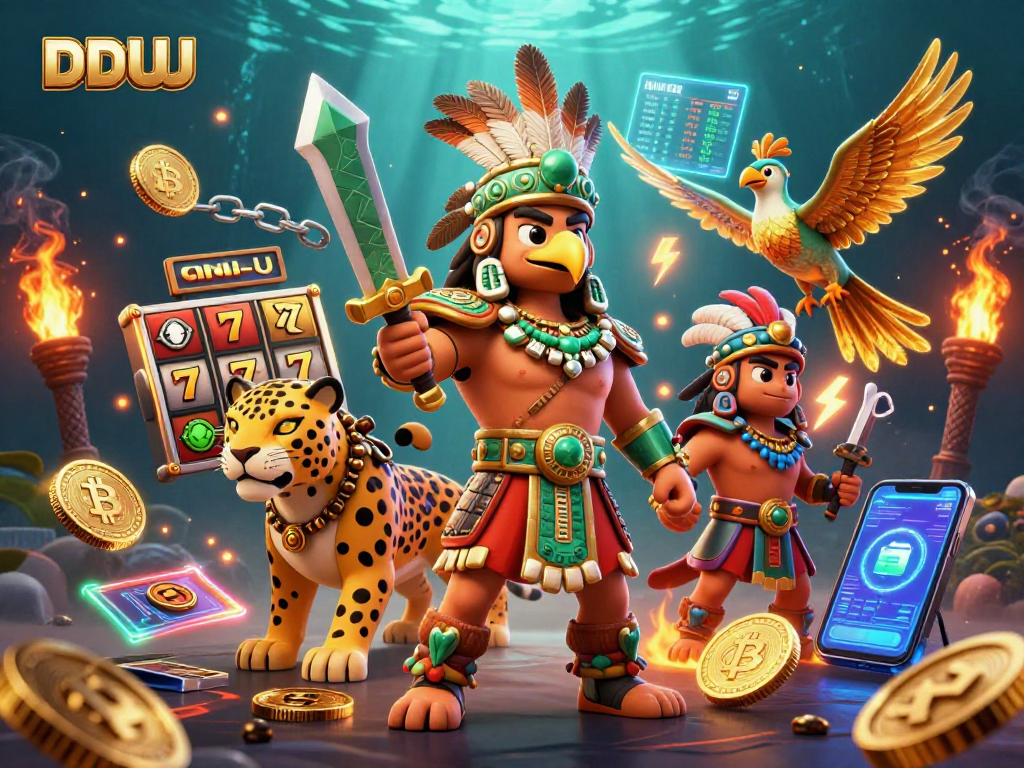 Experience thrilling slots at DDUU with vibrant Aztec warriors and glowing crypto elements.