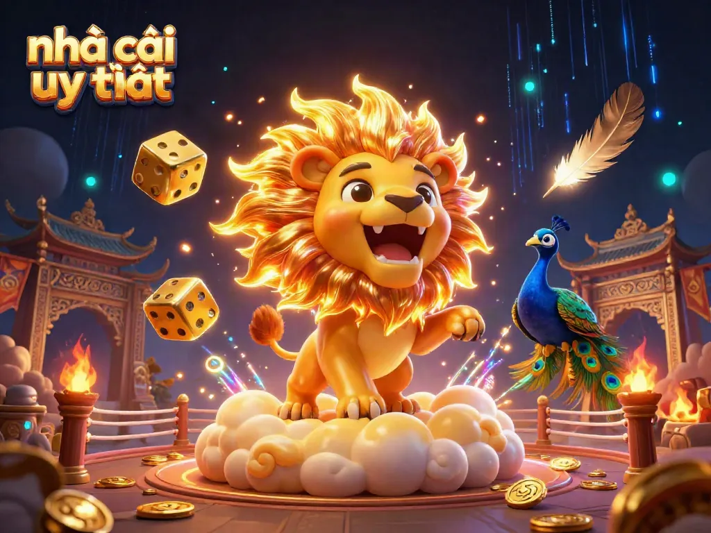 Spin and win at nhà cái uy tín with an exciting scene of vibrant casino elements and a roaring lion