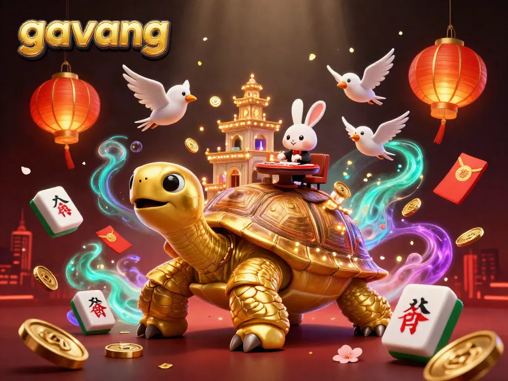 Spin for big wins with gavang, featuring a giant golden tortoise casino, a rabbit dealer, and festive elements.