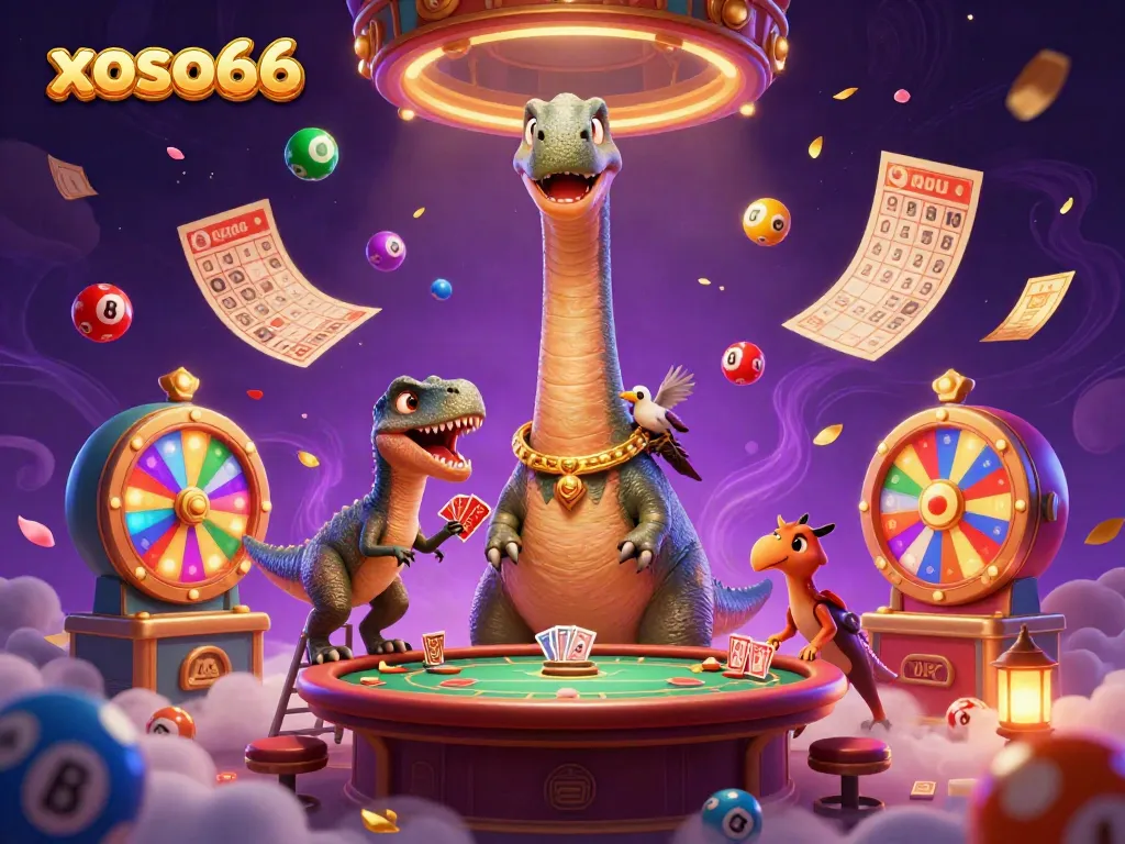Join the excitement at xoso66 with a vibrant casino scene filled with lottery fun and animated characters.