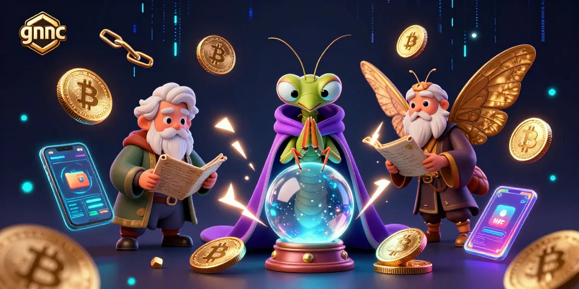 Engage with gmnc's vibrant 3D scene of fortune tellers and crypto elements enhancing online gambling insights.