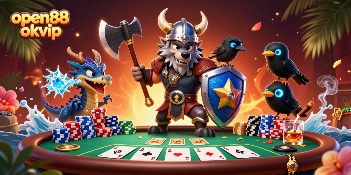 Engage in thrilling gameplay at open88 okvip with Viking warriors and casino elements in a vibrant atmosphere.