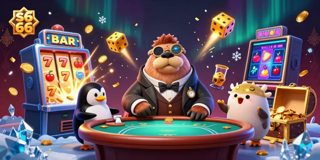 Experience thrilling poker action with an energetic walrus, penguin dealer, and pufferfish player in the lively s6 66 casino scene.