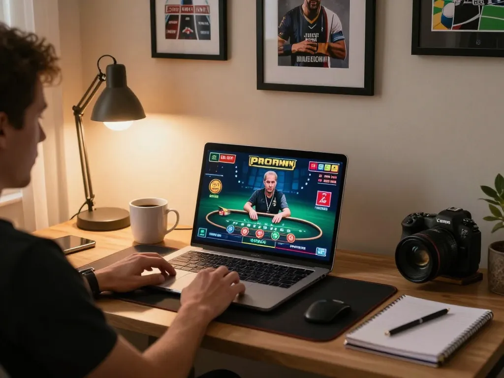 Player strategizing in online blackjack game on laptop at home, engaging with 45678 live dealer.