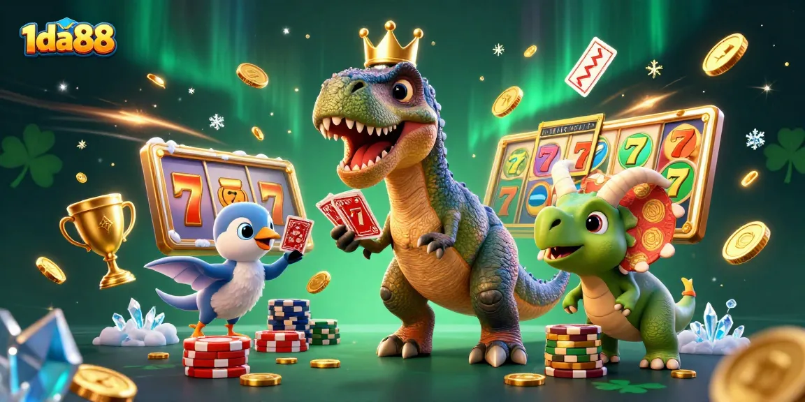 Experience 1da88's thrilling slots as a T-Rex shuffles cards while a pterodactyl assists.