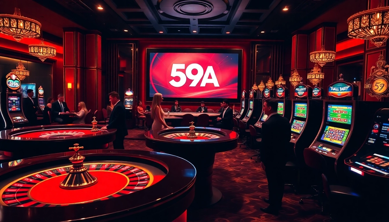 Apostadores entusiasmados jogando no cassino de luxo, equipado com modernas máquinas caça-níqueis 59A e mesas de roleta.
