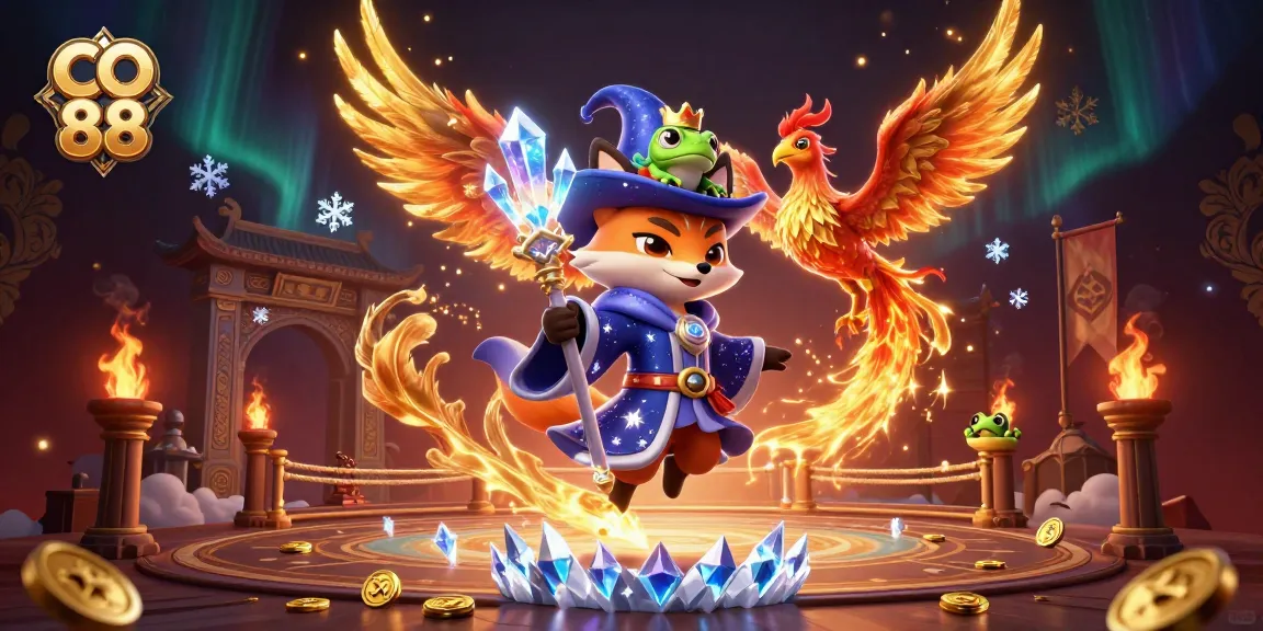Engage and win at CO 88 with a dynamic scene featuring a mystical fox wizard, phoenix, and enchanted elements.