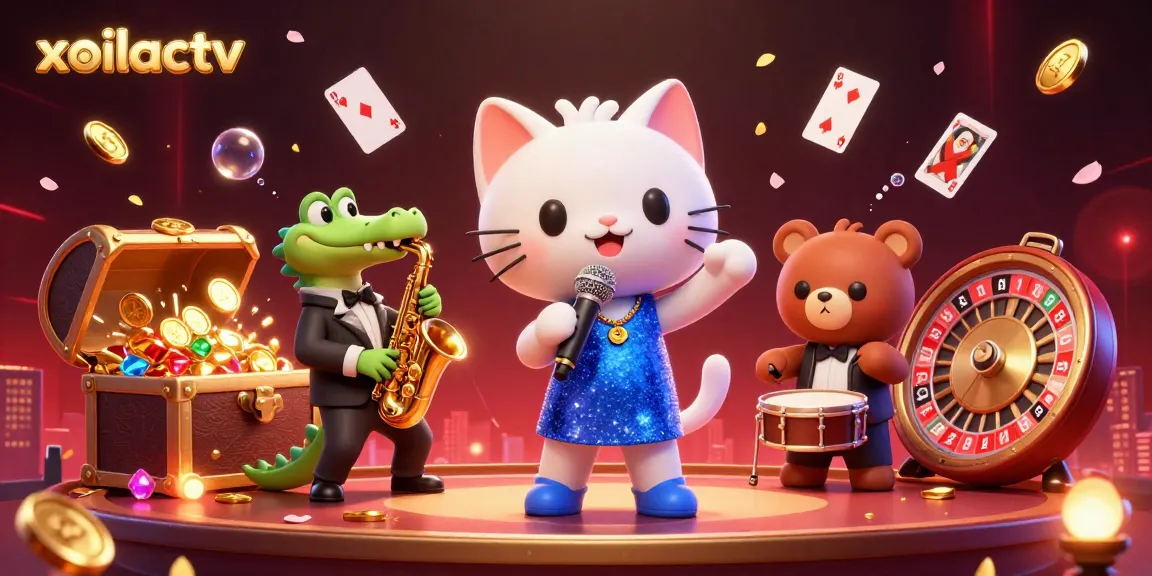 Experience the excitement with xoilactv during a vibrant casino performance showcasing animated characters amidst dynamic gambling elements.