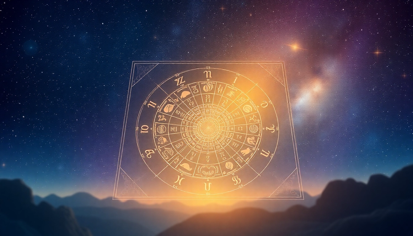 Explore the detailed destiny matrix chart with vivid archetype symbols set against a celestial backdrop.