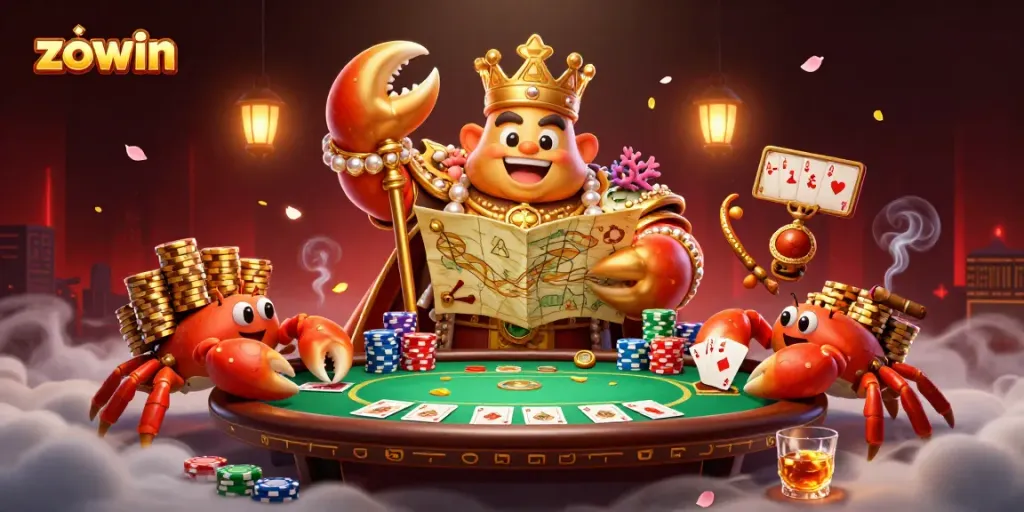 Zowin's golden crab emperor presides over a vibrant online poker scene filled with dynamic gaming elements.