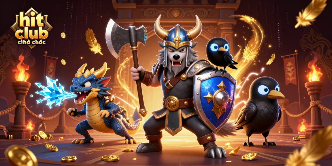 Experience action-packed gaming at hit club chính thức with vibrant illustration of a Viking wolf warrior and dragon.