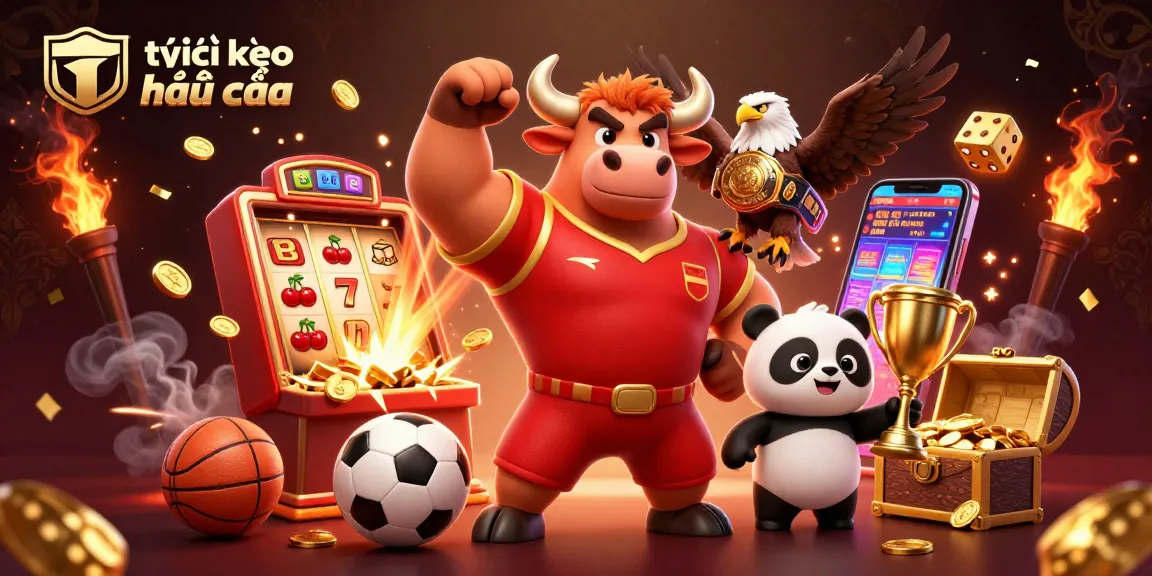 Tỷ lệ kèo nhà cái showcases a winning mascot trio in a vibrant sports and casino scene.