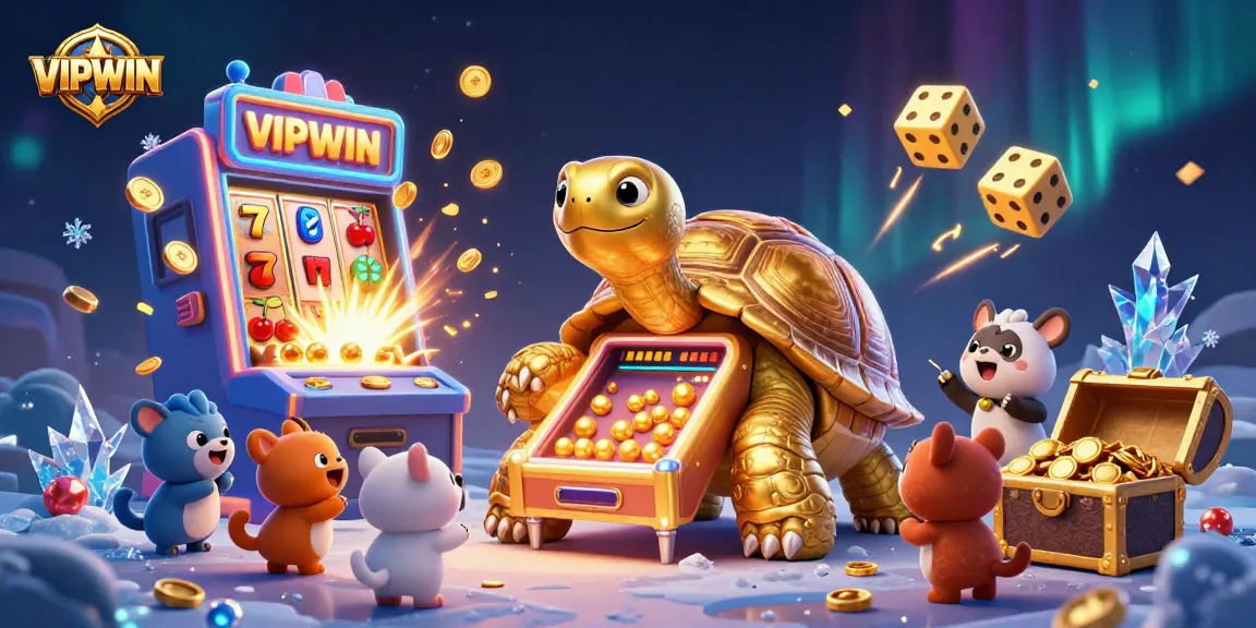 Engage with the exciting world of VIPWIN, featuring a golden tortoise pinball machine and slot gaming elements.