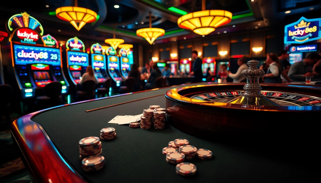 Experience the thrill of a lucky88 bet at a luxurious casino table with vibrant poker chips and cards.