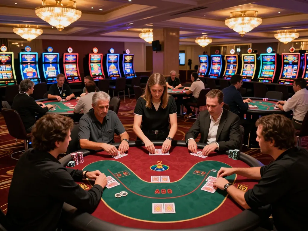 HBET players at poker tables showcasing intense gameplay in a luxury casino atmosphere