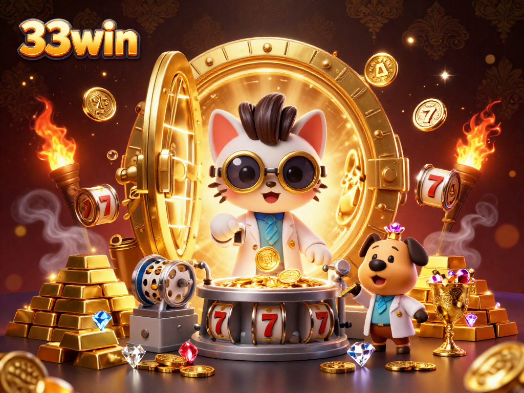 Spin slots and win big at 33win with a vibrant mad scientist cat and treasures.