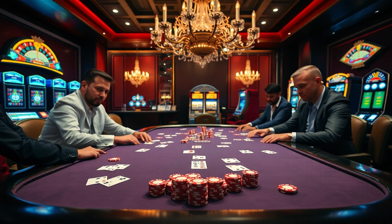Engaged players enjoying a thrilling poker game at Bongdanet casino, showcasing vibrant chips and cards.