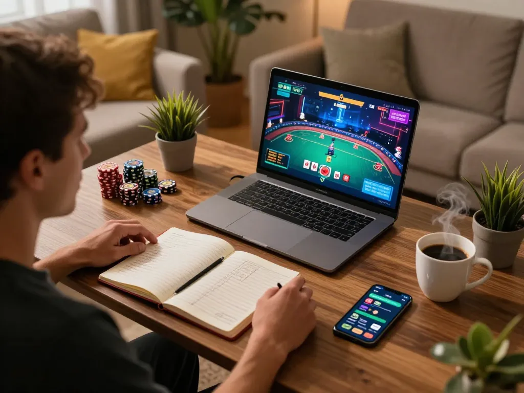 Engaging online poker gaming session on 688V platform with player using laptop, surrounded by strategy notes for better control