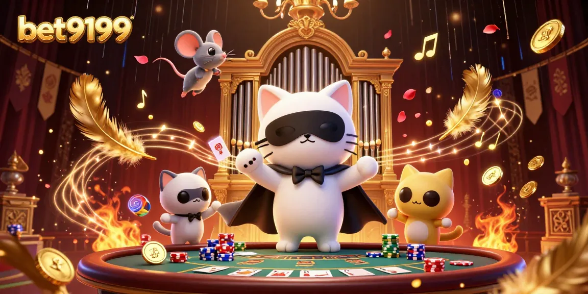 Join the excitement at bet9199 as a phantom cat plays an organ amidst casino games!