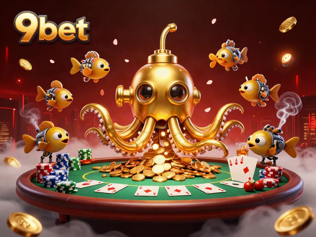 Engage in thrilling 9bet adventures with a golden kraken submarine and poker-themed scene filled with dynamic elements.