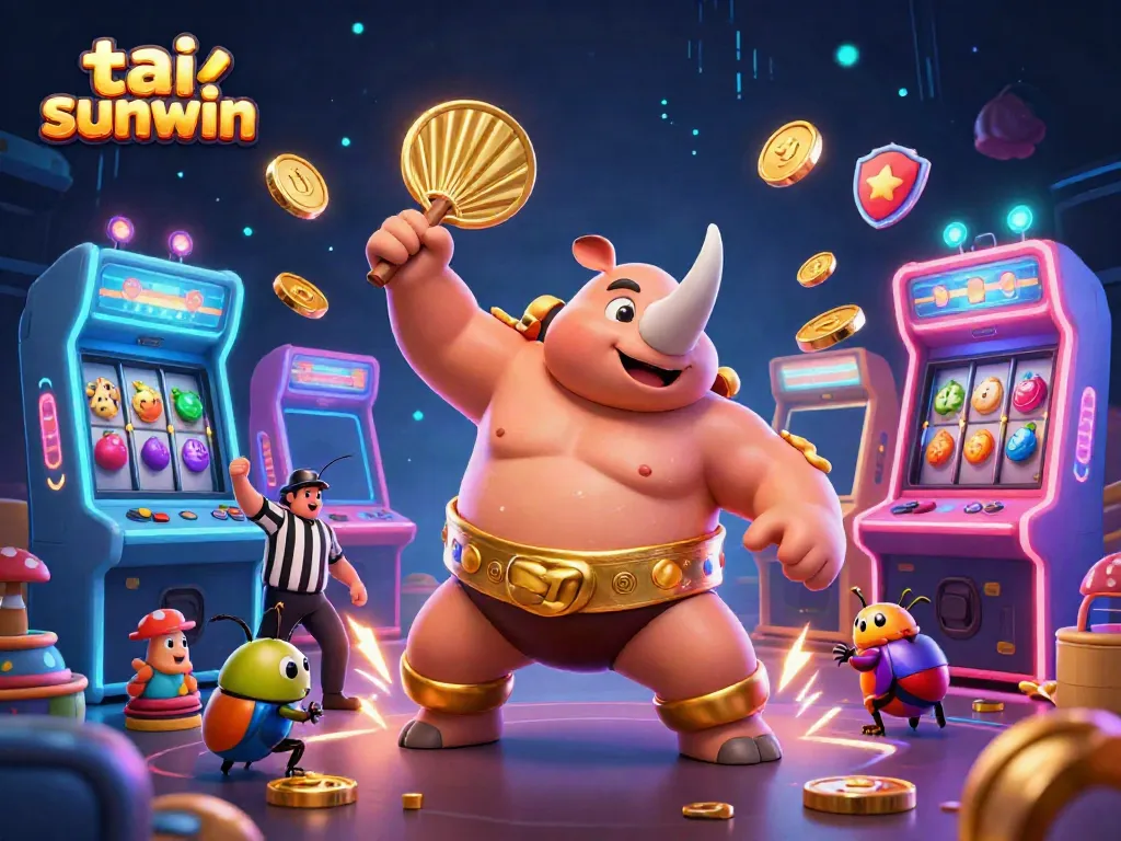 Experience the excitement of tai sunwin with a playful scene featuring a rhinoceros beetle champion celebrating coins and casino excitement.
