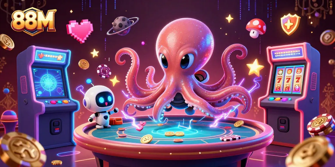 Engage with 88M's thrilling casino experience featuring an octopus dealer at a holographic poker table.
