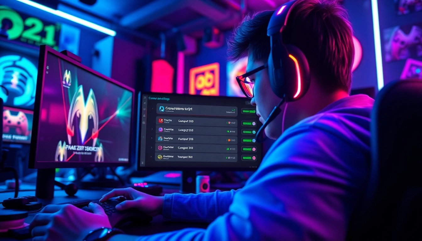 Showcase the dynamic environment of Best cod Cronus zen script settings, highlighting unique gaming peripherals and a vibrant atmosphere.