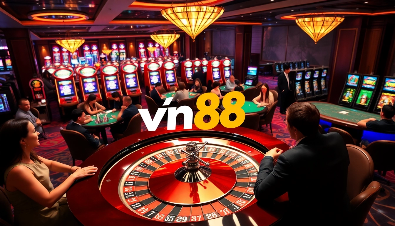 Players enjoy a vibrant casino experience at vn88 with roulette, poker, and slot machines.
