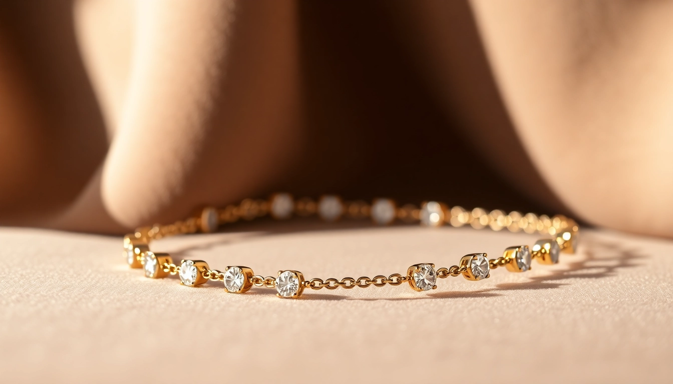 Model showcases a Diamond by the yard bracelet featuring shimmering diamonds and elegant design.