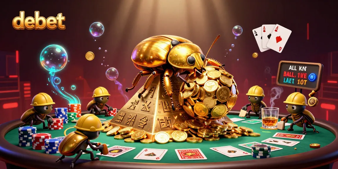 Engage with debet: a golden dung beetle and poker symbols in an exciting casino scene.