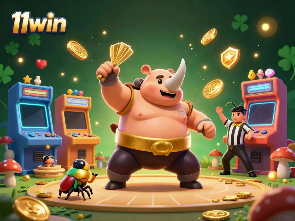 Experience thrilling action at 11win with a vibrant online casino illustration featuring sumo beetles.